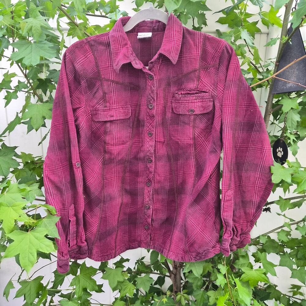 Columbia Womens Plaid Flannel Shirt Roll Tab Long Sleeve Berry Hiking - Sz XL